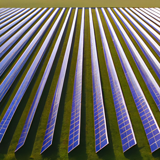 Ten Single Axis Arrays of Solar Panels Evenly Spaced in a Rural Field